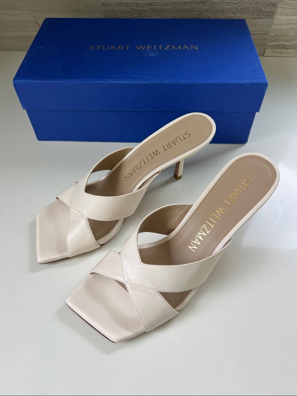 Stuart Weitzman carmen 75 slide seashell cream leather open toe heels sandals 8